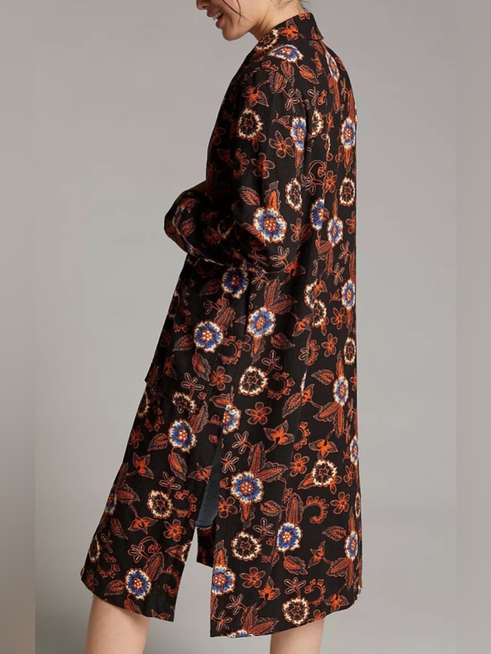 Anthropologie Black Floral Duster Coat with Orange & Blue Accents - Picture 2 of 13